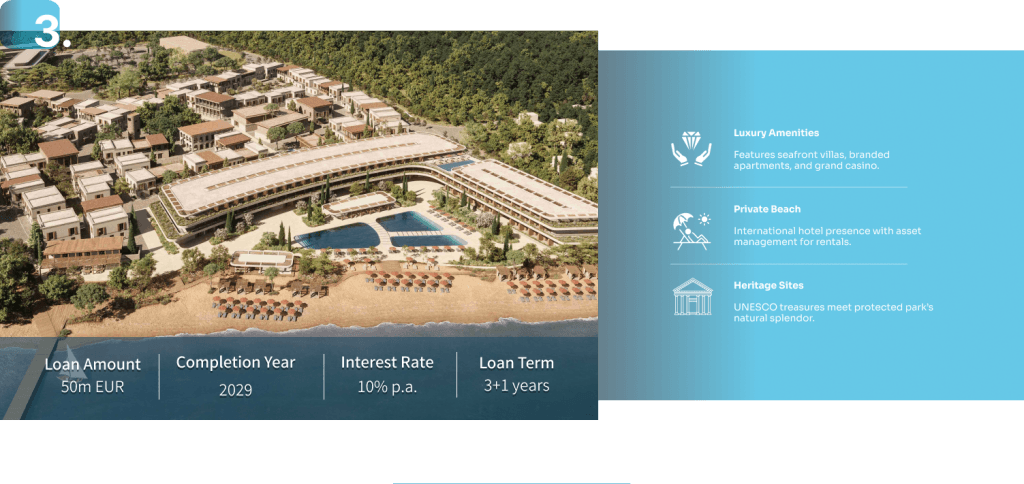 Treporti Dunes Listing
Location: Zvërnec, Albania
Investment Size: €222 Million
Type: Real Estate Luxury Resort Development
Features: Treporti Dunes is a groundbreaking luxury resort located in the picturesque Treporti region of Albania. This project is designed to capitalize on the natural beauty of the Adriatic coast, combining luxury accommodations with high-end amenities. The development includes a mix of villas, apartments, and a five-star hotel, all managed by internationally renowned brands. The strategic location near the planned Vlora International Airport and the booming tourism industry in the region makes Treporti Dunes a highly attractive investment opportunity, with significant potential for capital appreciation and strong returns.